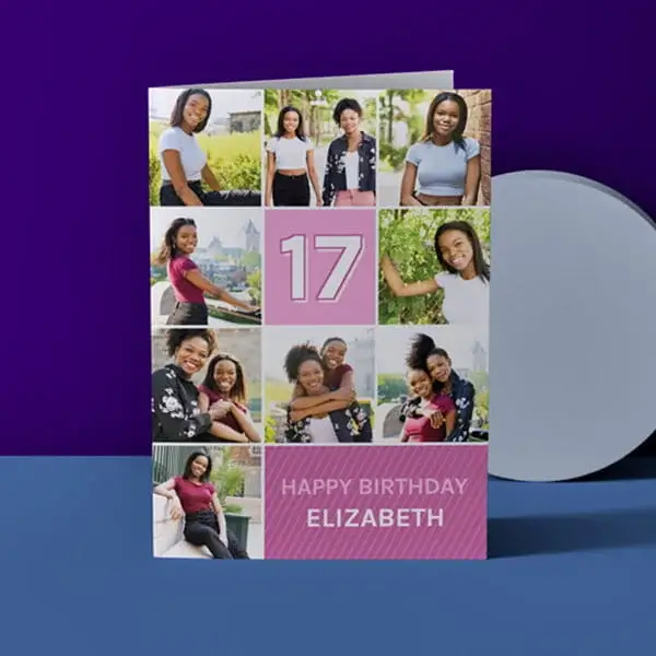 Personalised 17th birthday photo card featuring a collage of images and pink birthday message on a purple background.